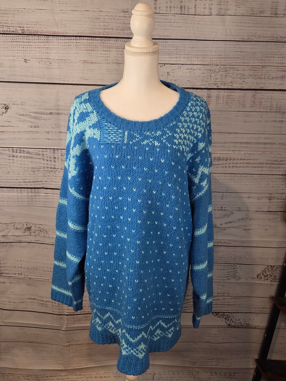 Free People Boho Chunky Knit Blue Teal Mini Sweater Dress Large XL